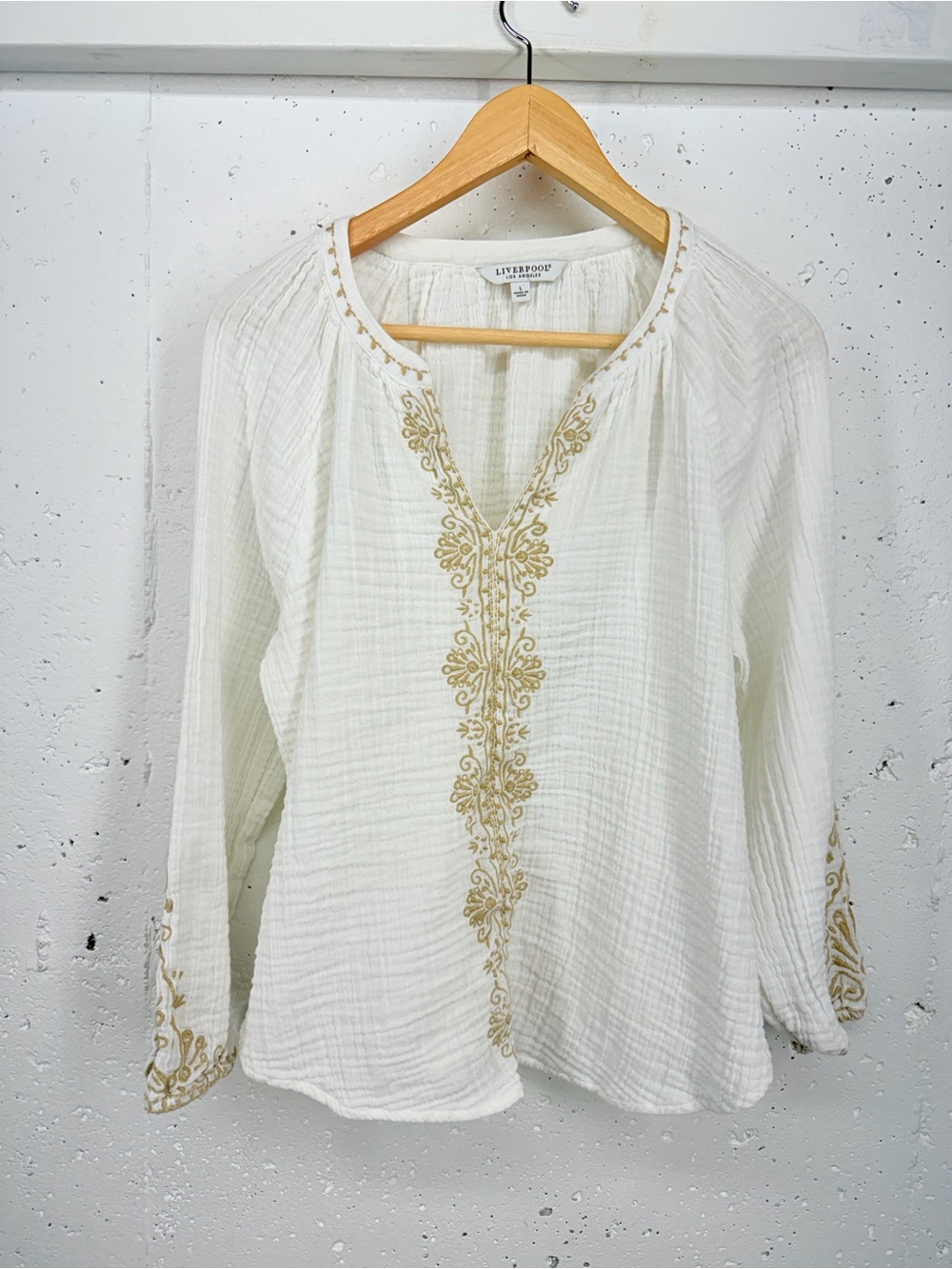 Liverpool Women’s Large White Bohemian Embroidered Peasant Blouse